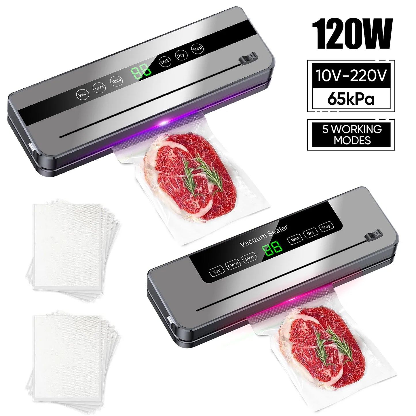 Vakuumipakkauskone 120W – 65 kPa, 5 tilaa, liha, kala, nesteet