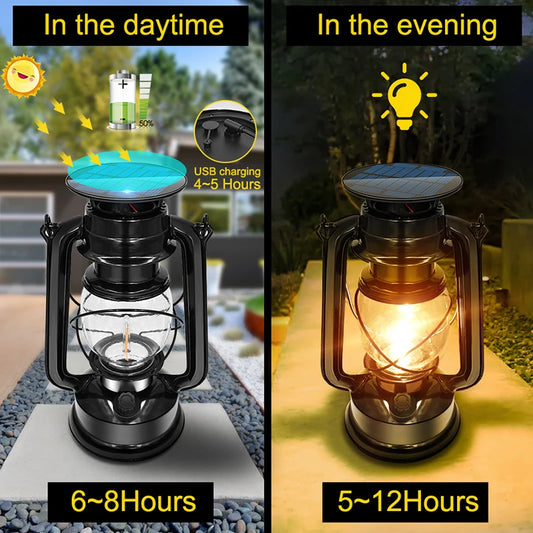 LED Aurinkoenergia Vintage Lyhty – Ulkokäyttöön, Puutarhaan & Retkeilyyn | USB-lataus