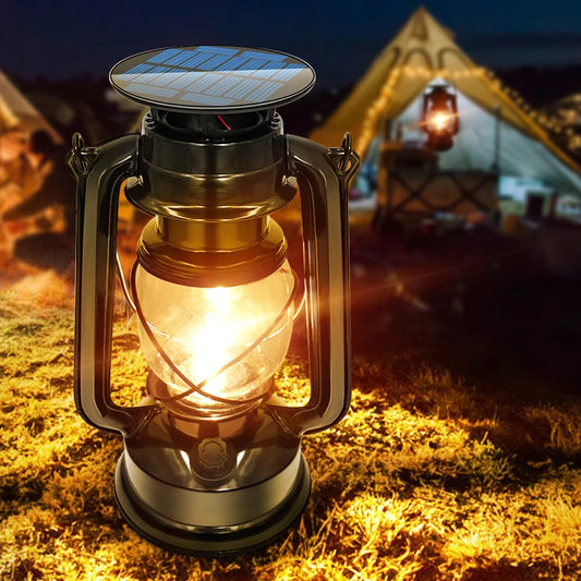 LED Aurinkoenergia Vintage Lyhty – Ulkokäyttöön, Puutarhaan & Retkeilyyn | USB-lataus