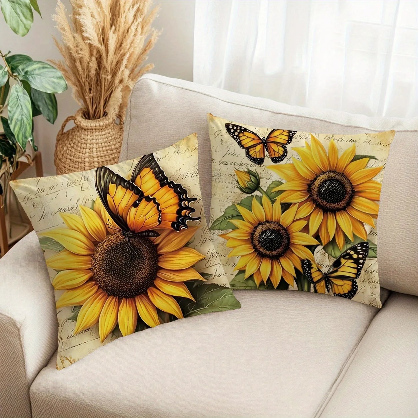 Tyynyliina – Vintage auringonkukka & perhonen, 40–60 cm