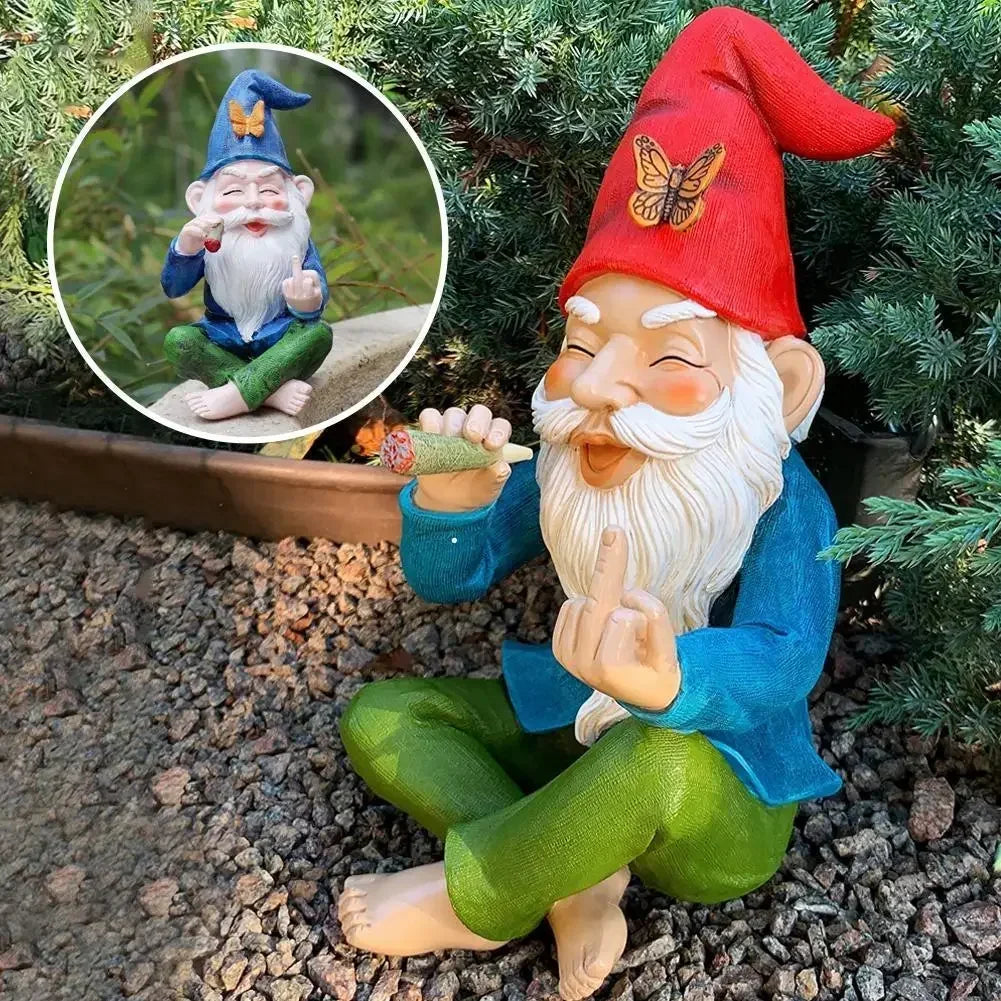Hauska Tonttu Resinipatsas – Tupakoiva Tonttu Keskisormi | Kirjahylly- & Puutarhakoriste