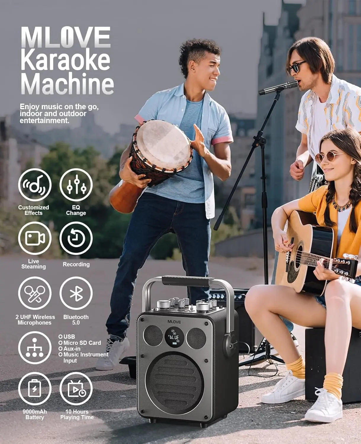 Karaokelaitteisto – 200W, 2 langatonta mikrofonia, Bluetooth
