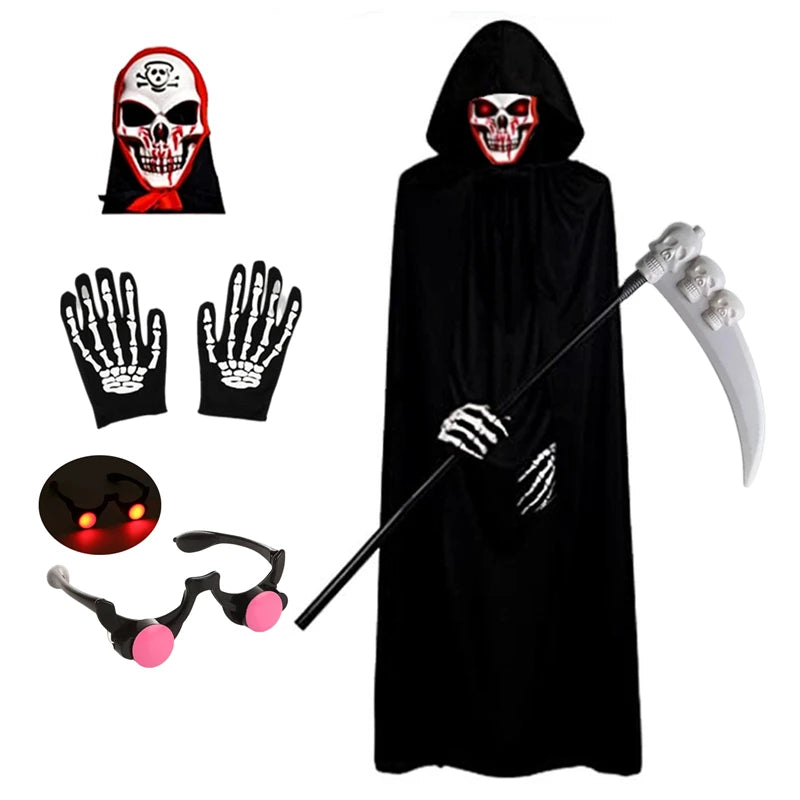Viikatemies Halloween-asu – huppu ja punaiset silmät