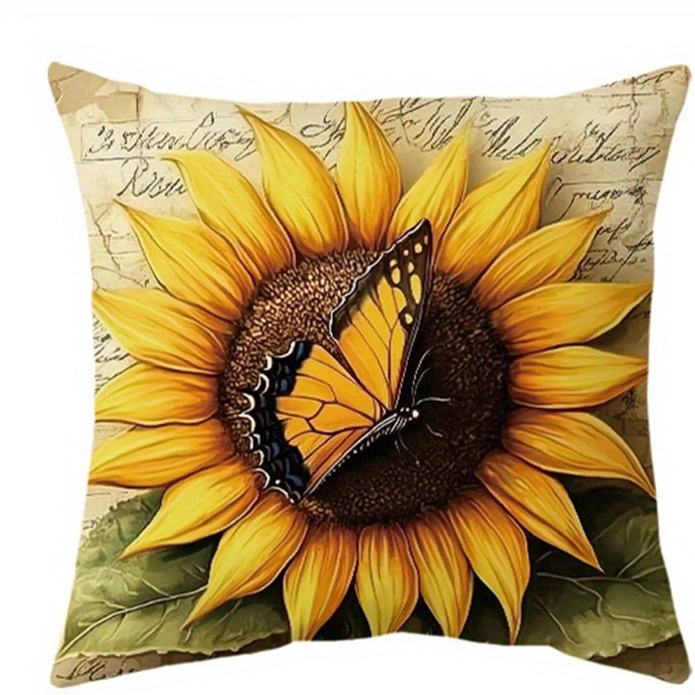 Tyynyliina – Vintage auringonkukka & perhonen, 40–60 cm