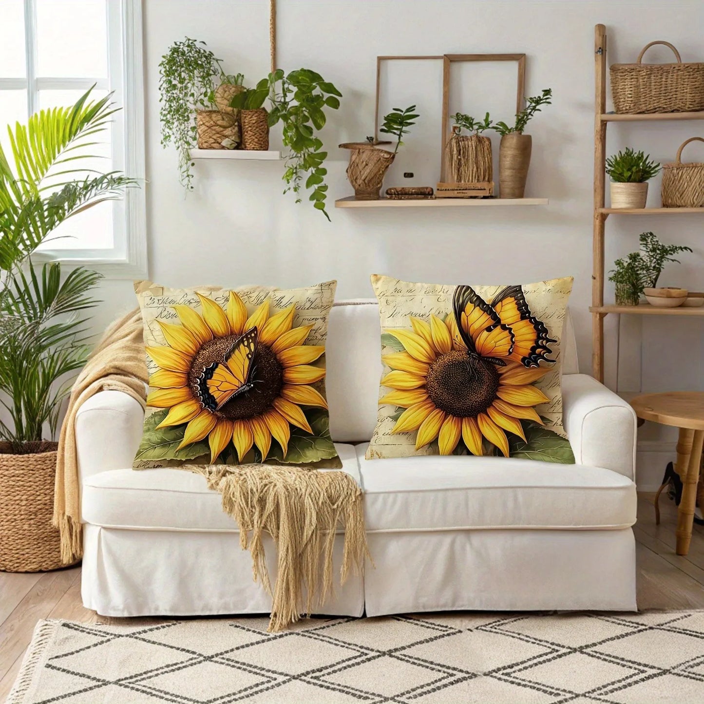 Tyynyliina – Vintage auringonkukka & perhonen, 40–60 cm
