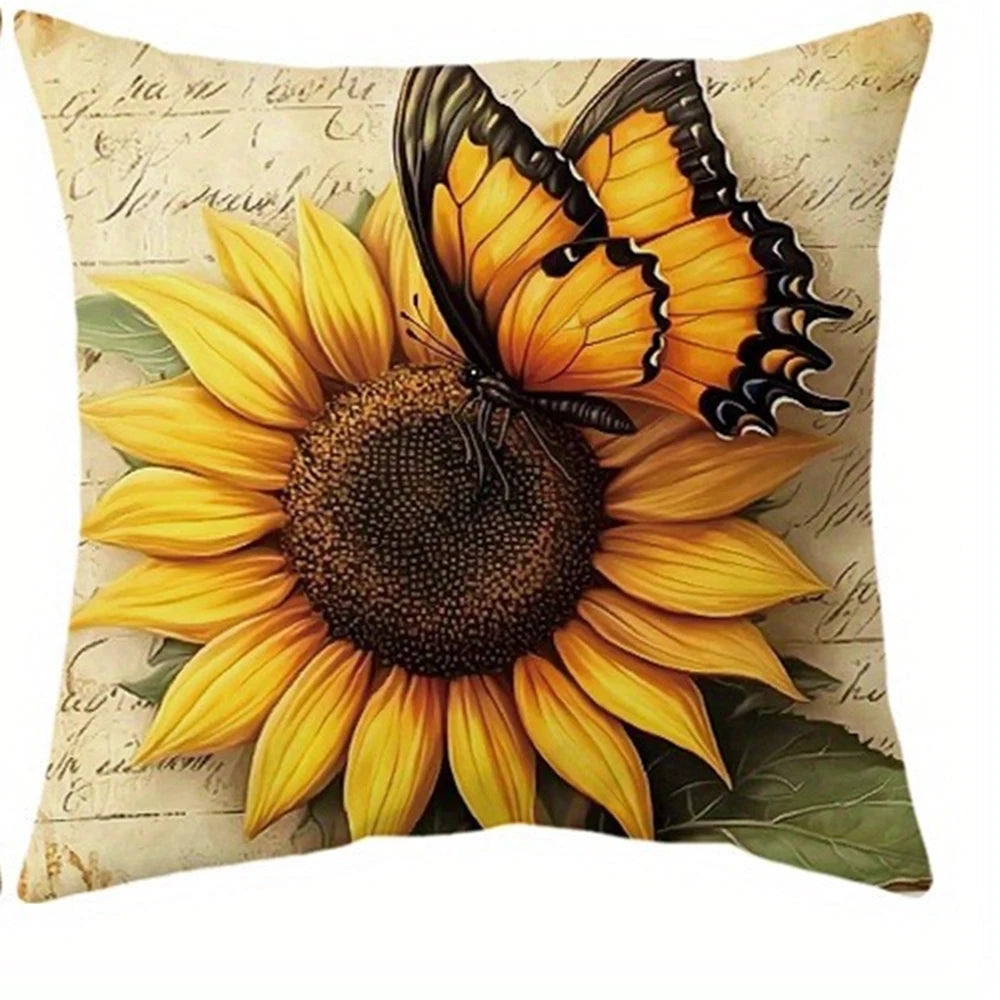 Tyynyliina – Vintage auringonkukka & perhonen, 40–60 cm