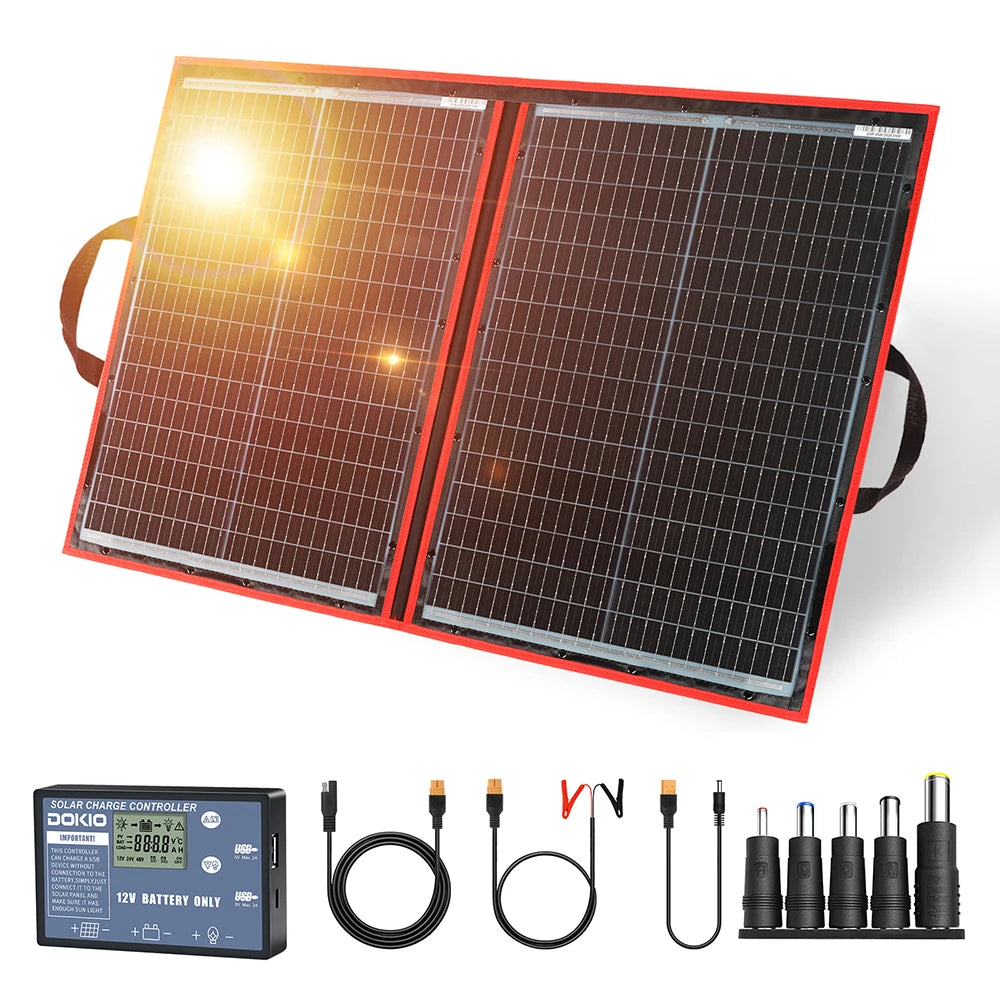 DOKIO Taittuva Aurinkopaneeli 18V – 100W / 160W / 200W / 300W, 12V säädin mukana