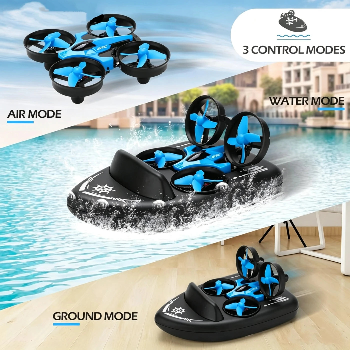 RC-ilmatyynyalus 3-in-1 – Drone, vene ja maastoajoneuvo 2,4 GHz