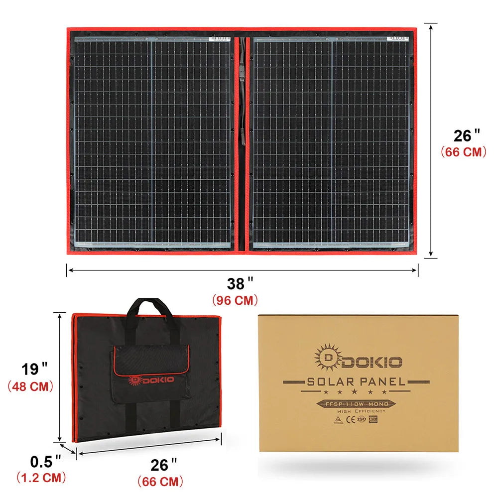 DOKIO Taittuva Aurinkopaneeli 18V – 100W / 160W / 200W / 300W, 12V säädin mukana