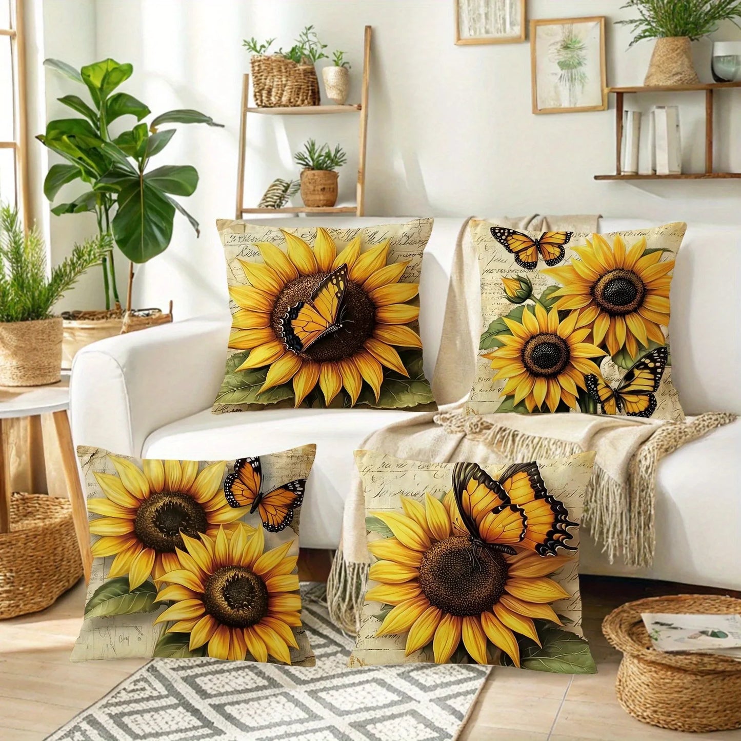 Tyynyliina – Vintage auringonkukka & perhonen, 40–60 cm