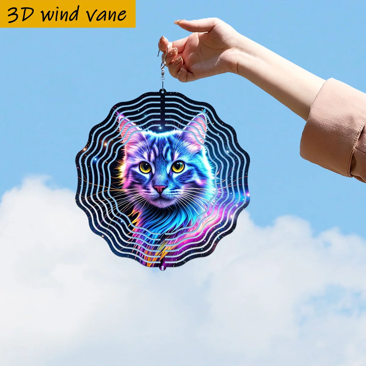 3D Värikäs Kissa Tähtitaivaan Tuuliviiri – 360° Pyörivä Metallinen Tuulikello | 20 tai 25 cm