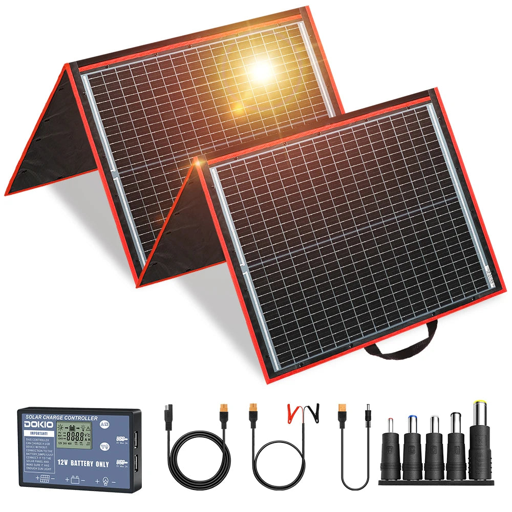 DOKIO Taittuva Aurinkopaneeli 18V – 100W / 160W / 200W / 300W, 12V säädin mukana