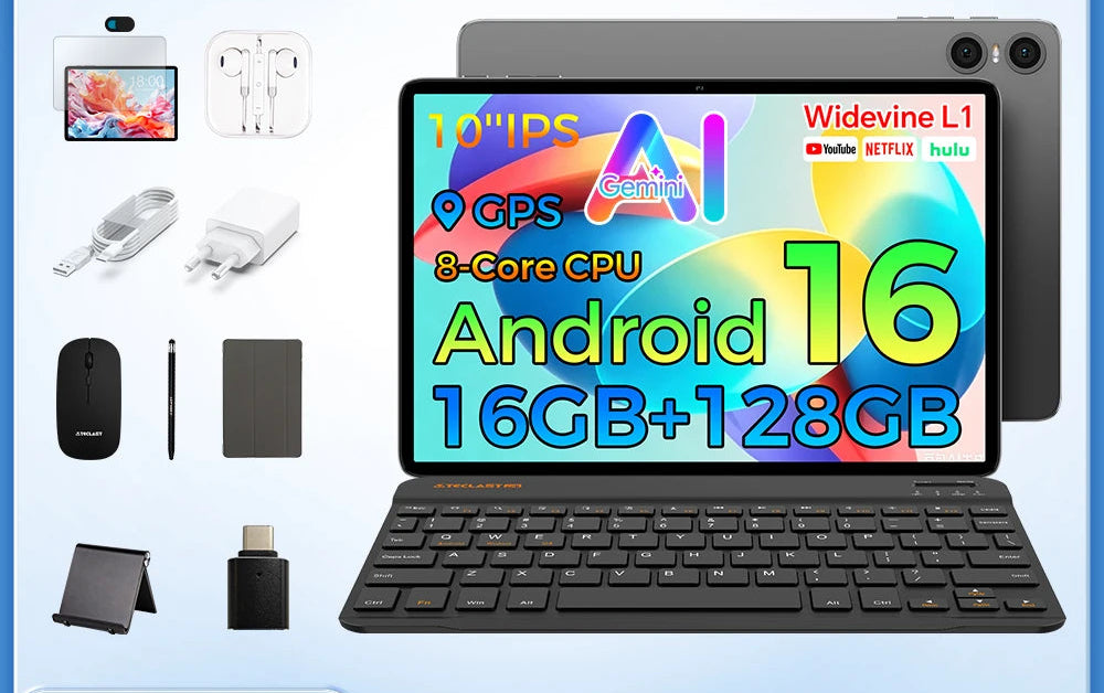 Tabletti 10,1" Android 16Gb, 128GB, 6000mAh, näppäimistö, hiiri, kotelo ja lisää