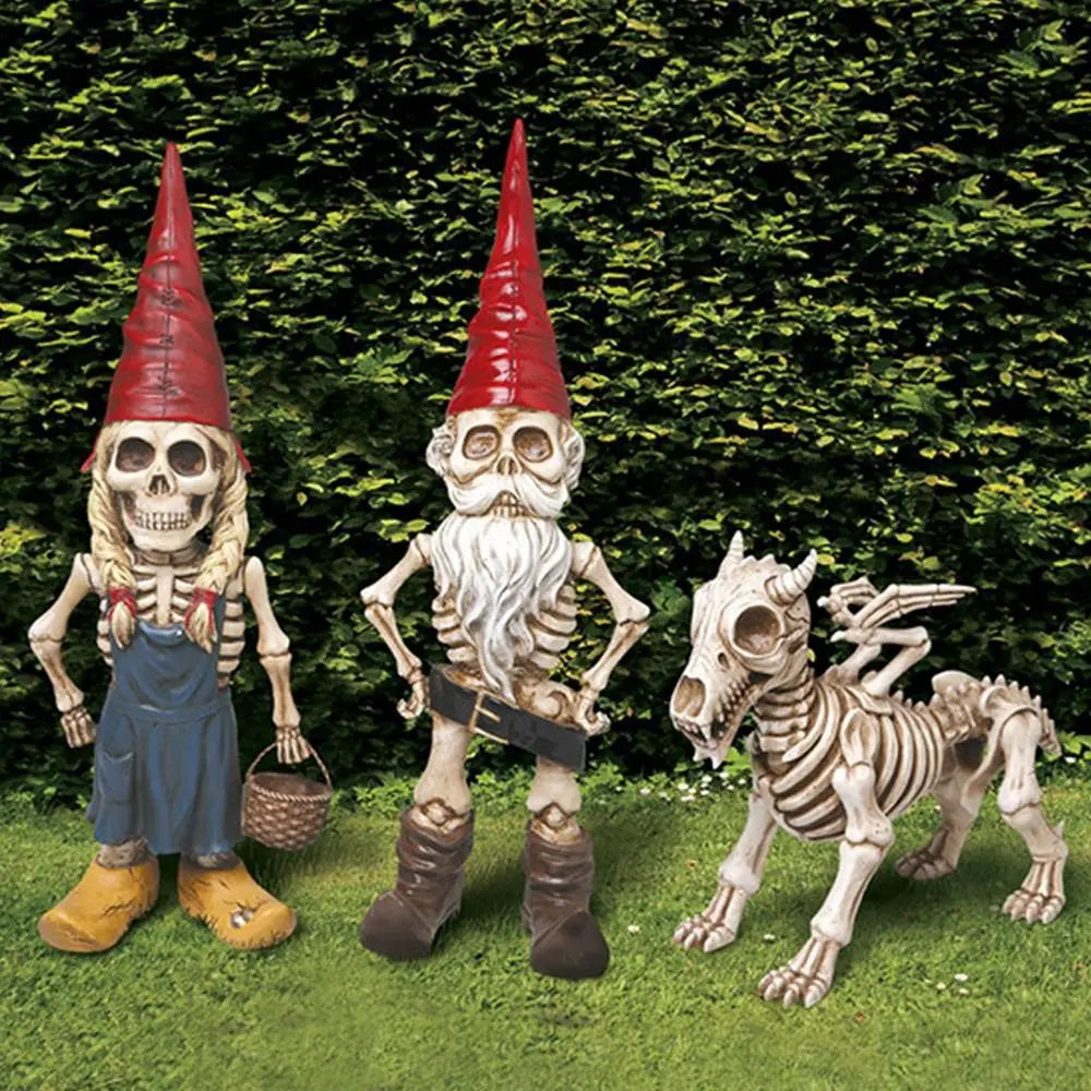 Luuranko Puutarhatonttu – Halloween-puutarhakoriste, käsinmaalattu, 3 mallia