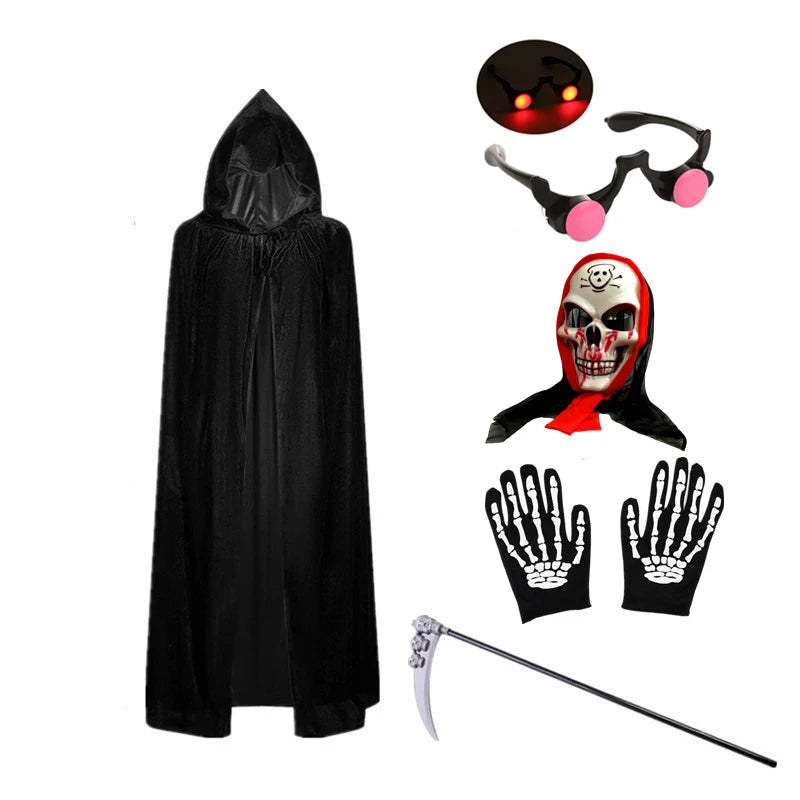 Viikatemies Halloween-asu – huppu ja punaiset silmät
