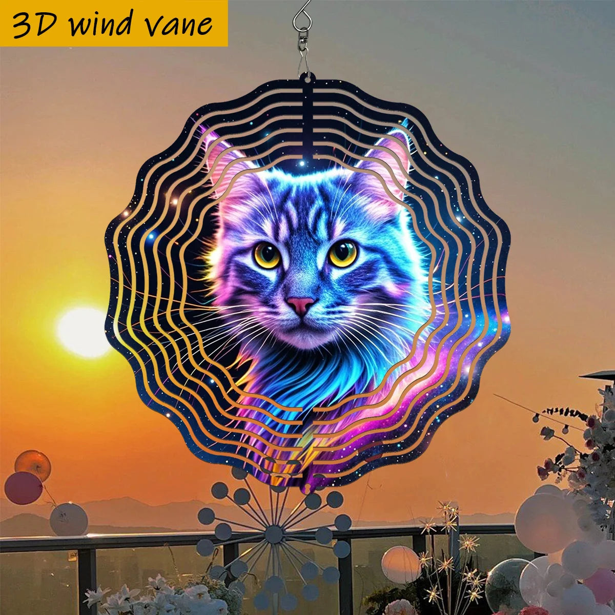 3D Värikäs Kissa Tähtitaivaan Tuuliviiri – 360° Pyörivä Metallinen Tuulikello | 20 tai 25 cm
