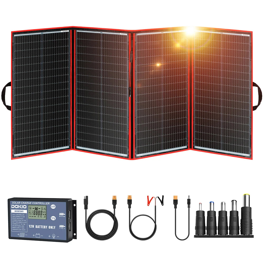 DOKIO Taittuva Aurinkopaneeli 18V – 100W / 160W / 200W / 300W, 12V säädin mukana