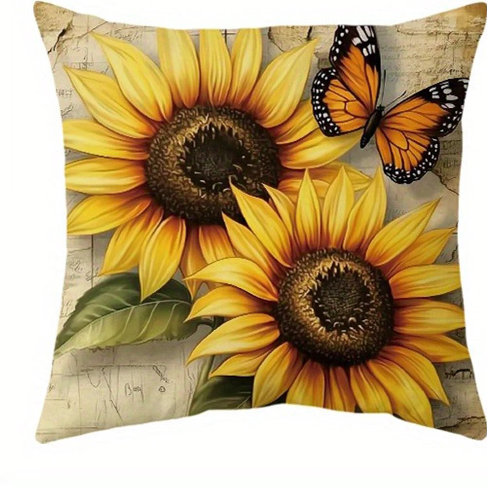 Tyynyliina – Vintage auringonkukka & perhonen, 40–60 cm
