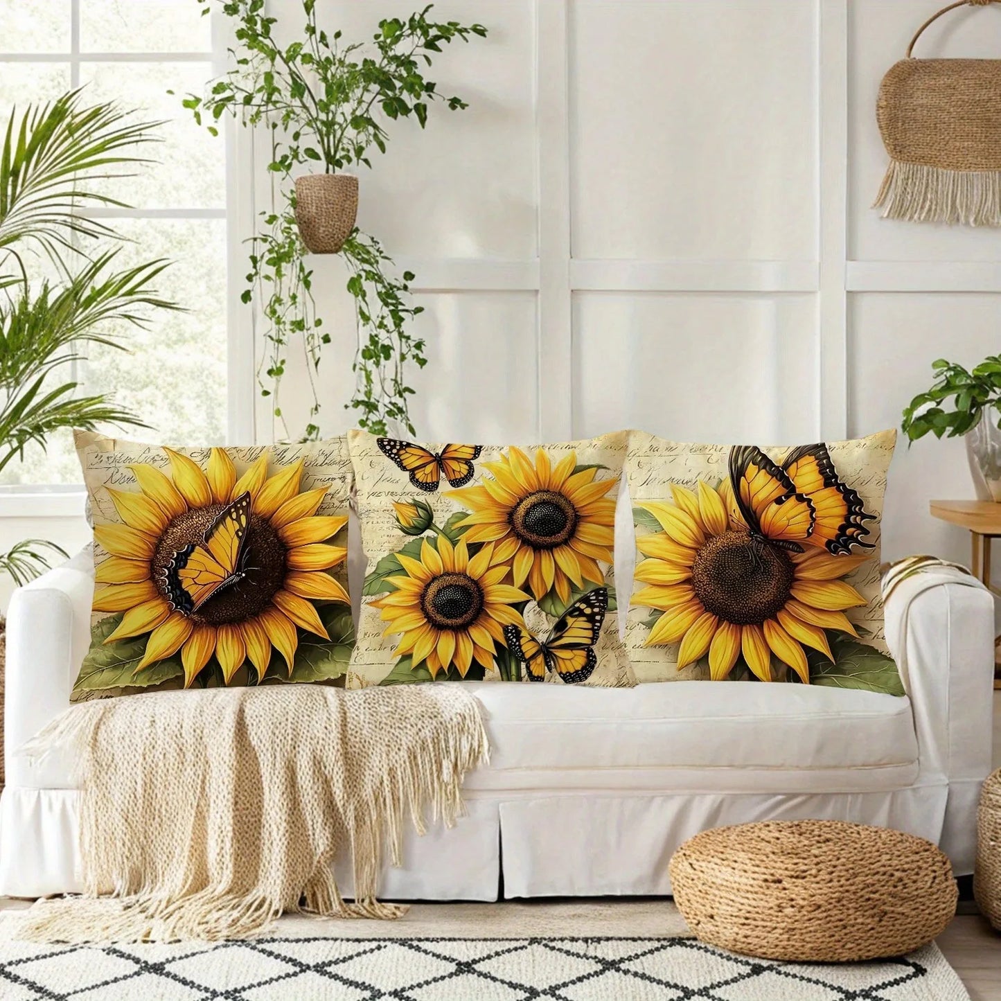 Tyynyliina – Vintage auringonkukka & perhonen, 40–60 cm