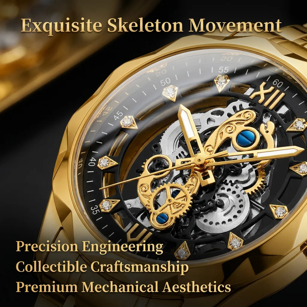 Kultainen Skeleton Kvartsikello – Hohto-design, näkyvä koneisto, teräsranneke, miehille